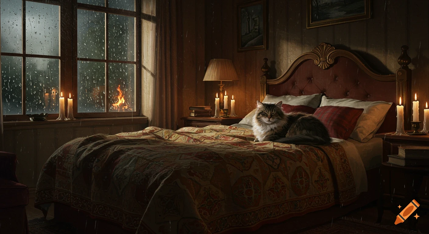 A cozy bedroom with a fluffy cat on the bed, rain streaks down the window, and candles glow on nightstands, digital painting style.