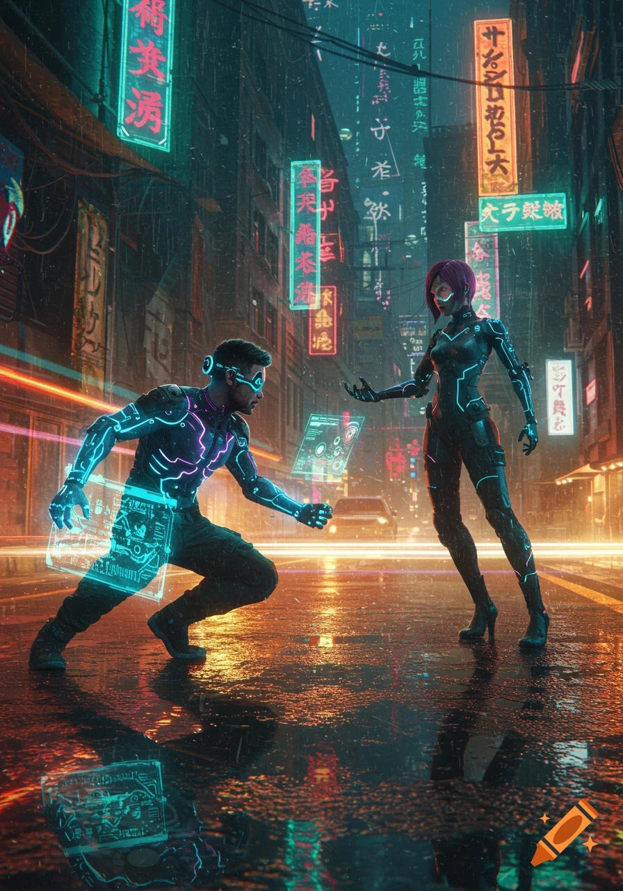 Two augmented figures in glowing suits interact in a neon-lit, rainy cyberpunk city street with holographic displays.