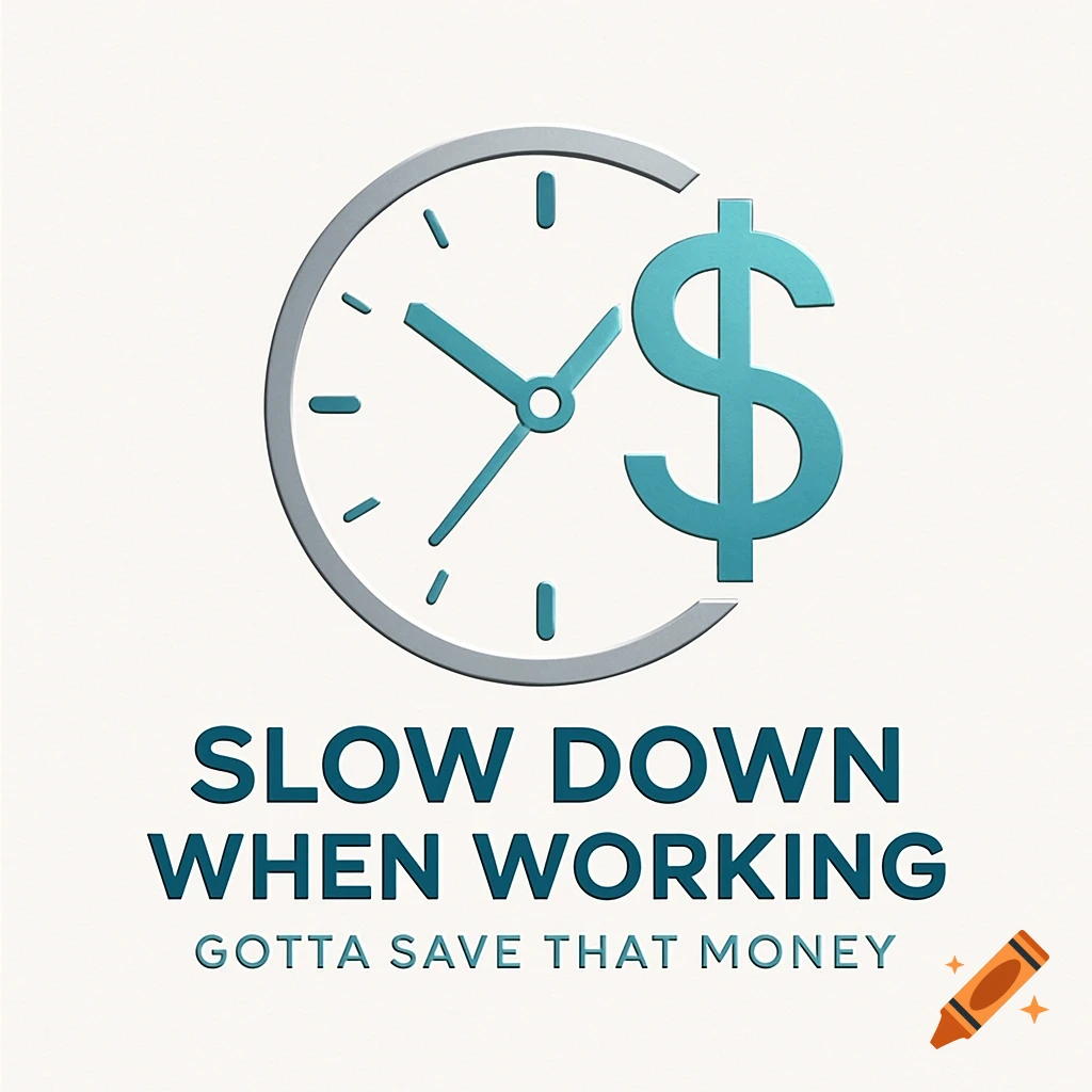 A logo featuring a grey clock and a blue dollar sign with the text "SLOW DOWN WHEN WORKING GOTTA SAVE THAT MONEY" below.