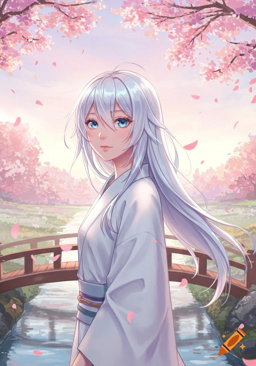 Anime girl with white hair and blue eyes in a white kimono, standing on a bridge in a cherry blossom garden.