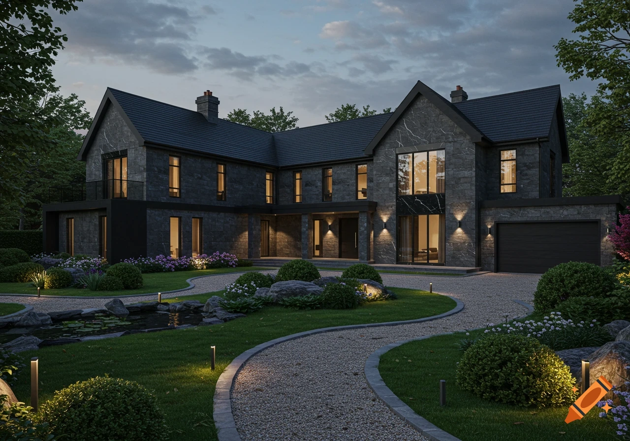 A large modern black and grey manor house at dusk, featuring a winding gravel driveway, illuminated gardens, and a pond.