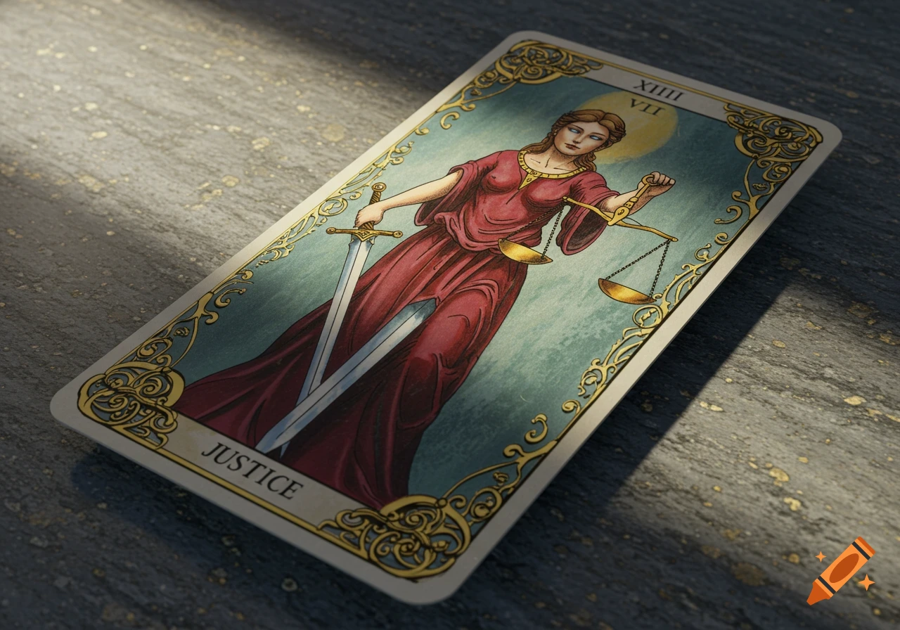 An illustrated Justice tarot card, featuring a robed woman holding a sword and scales, angled on a dark, textured surface with a shadow.