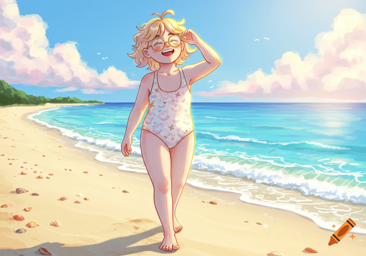 Smiling anime girl with round glasses walking on a sunny beach in a patterned swimsuit.