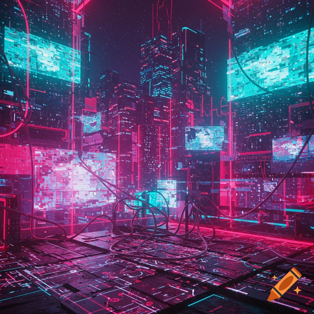 A dark, cyberpunk cityscape glows with vibrant pink and blue neon lights and intricate circuit patterns on buildings and a wired floor.