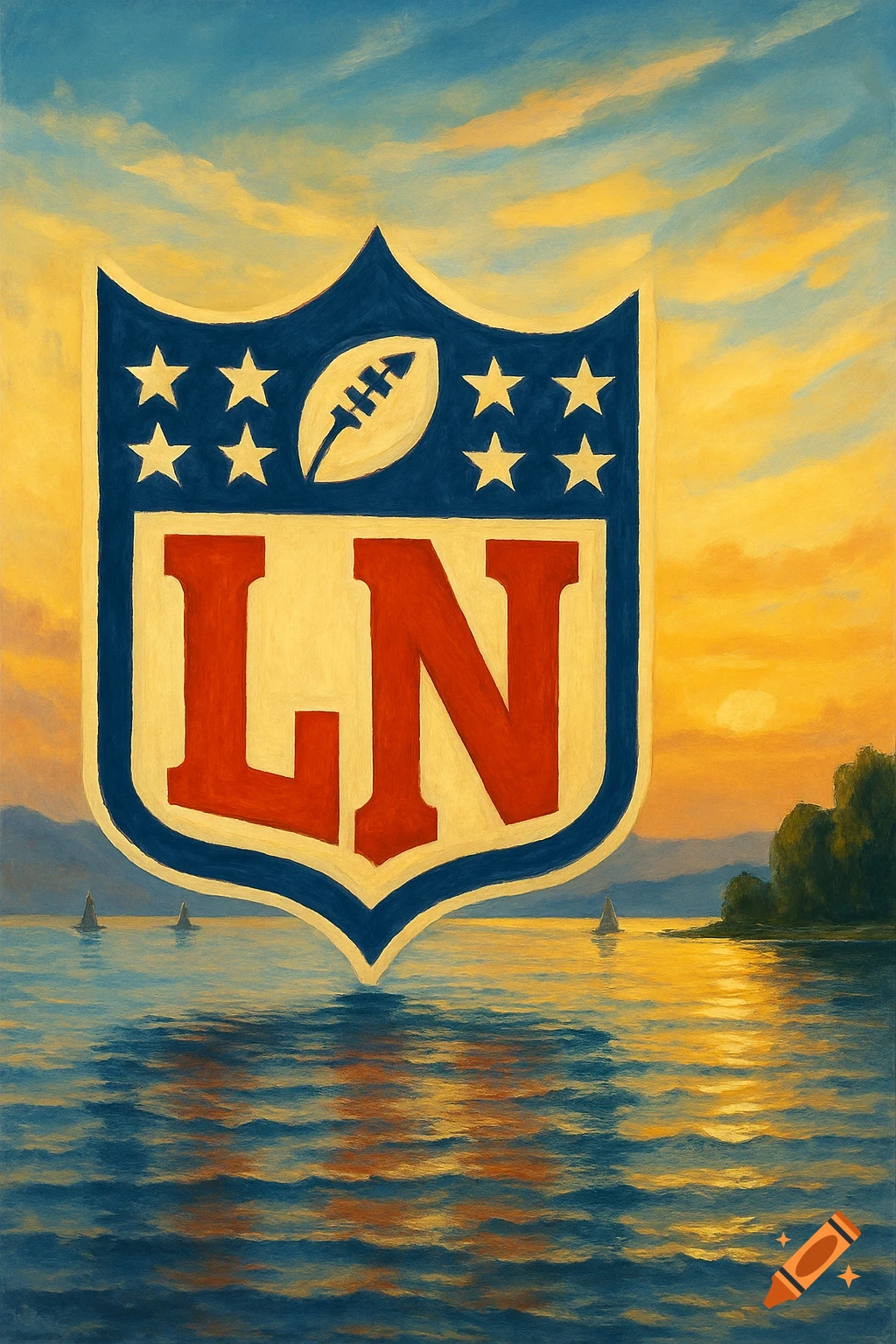 Painterly NFL-like logo with "LN" text over a lake at sunset, with distant mountains and sailboats.