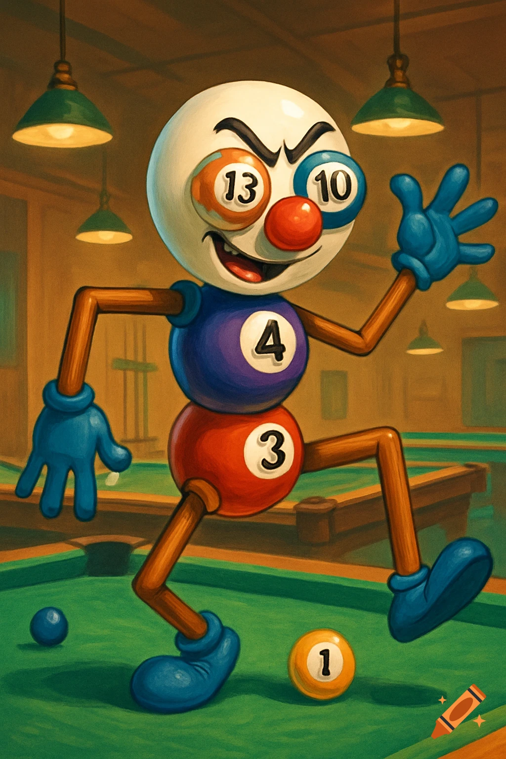 A cartoon character made of pool balls with numbers 13, 10, 4, and 3, and pool cues as limbs, stands in a billiards hall.