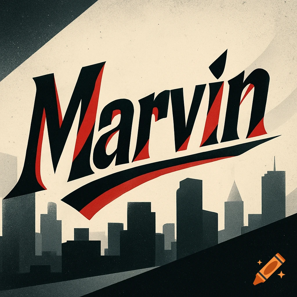 Stylized black and red 'Marvin' text over a city skyline silhouette, vintage graphic design style.