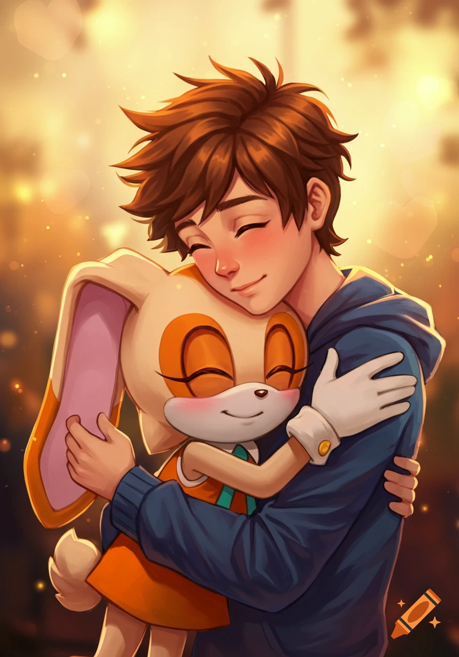 A brown-haired teenage boy and Cream the Rabbit sharing a tight, happy hug against a blurred, warm-toned background in an illustration style.
