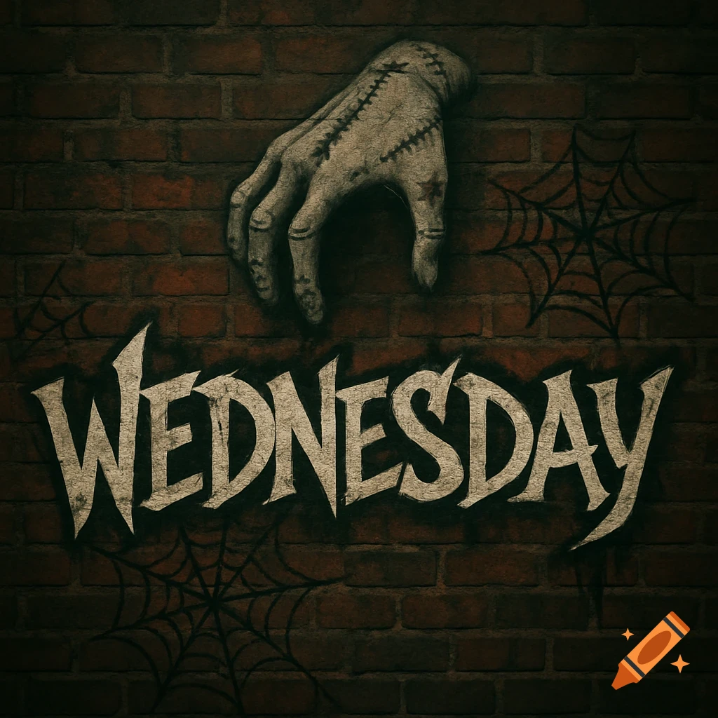 A stitched, zombie-like hand reaching down above the word "WEDNESDAY" spray-painted on a dark red brick wall with spider webs.