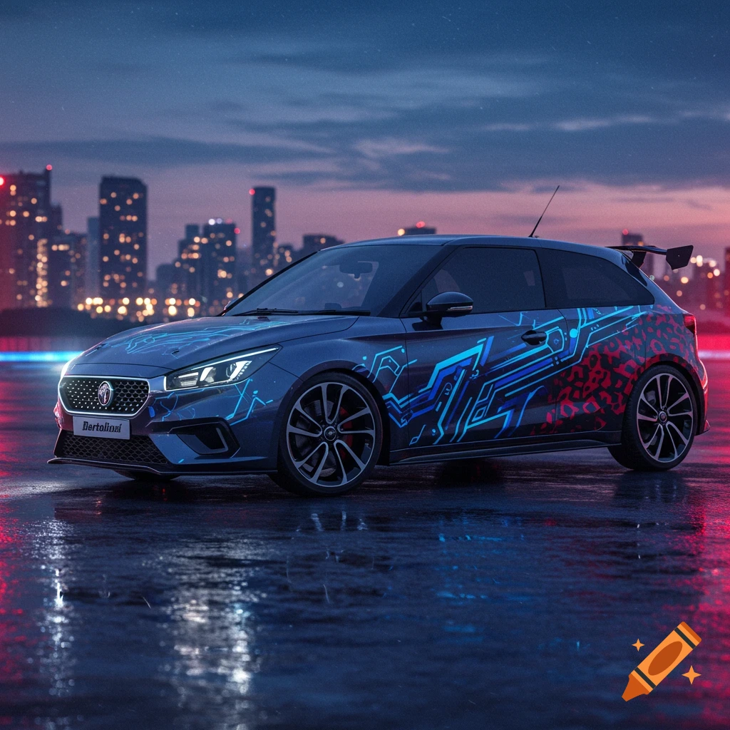 A dark blue car with glowing blue circuit-like and red graphics on a wet city street at night, with a blurred skyline.