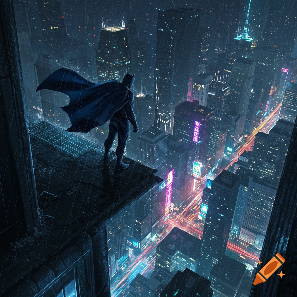 Batman stands on a rainy rooftop, overlooking a sprawling, neon-lit city at night in a digital art style.