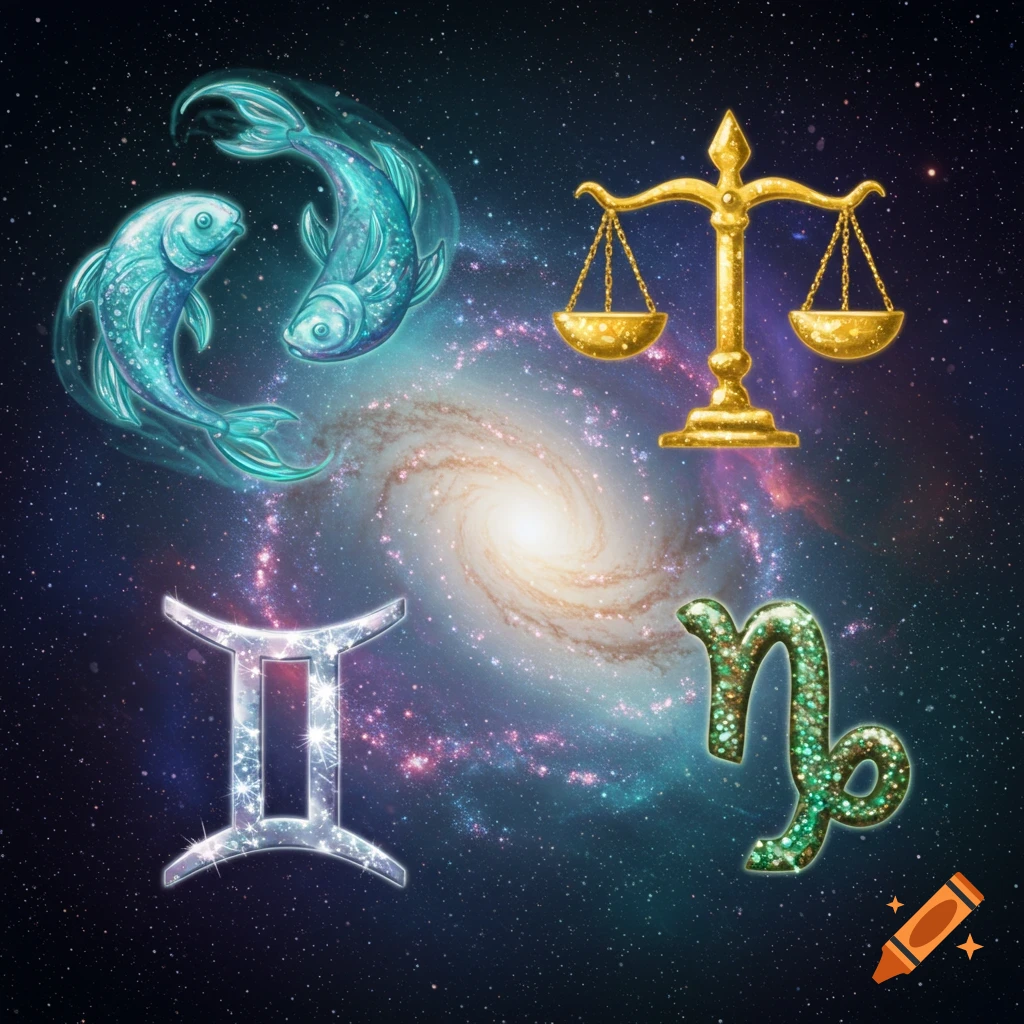 Shiny zodiac symbols for Pisces, Libra, Gemini, and Capricorn against a swirling galaxy background.