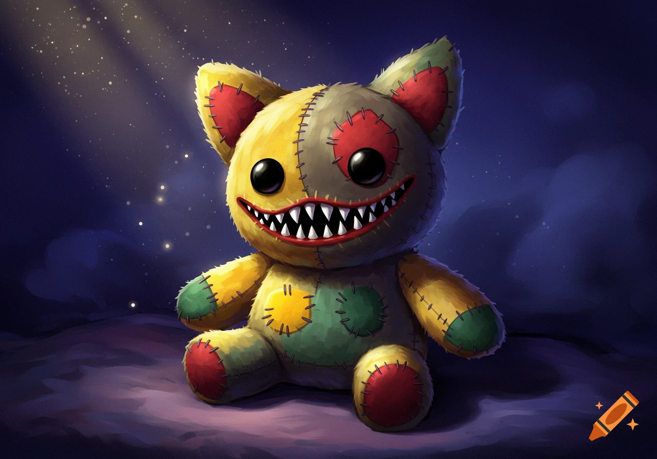 A patched yellow and green stuffed animal with sharp teeth and button eyes sits against a dark, glowing background in a whimsical illustration.