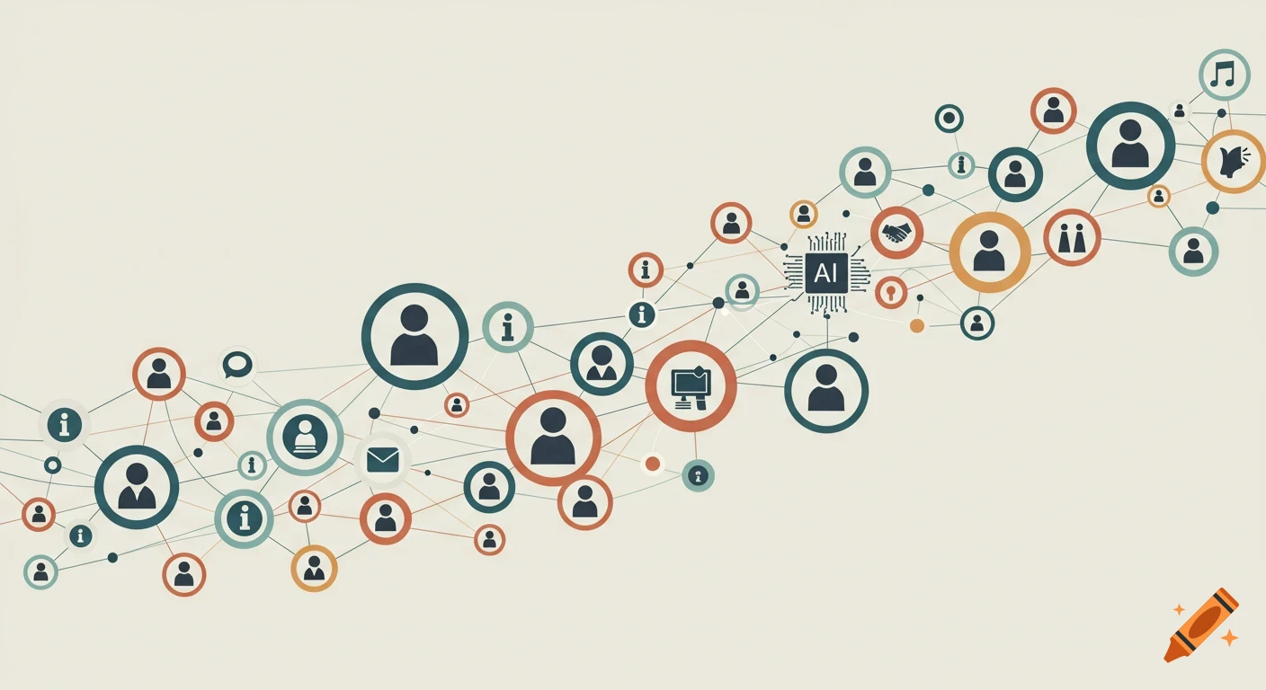 Abstract graphic of a digital network with interconnected circles representing people and information, linked to a central AI microchip.