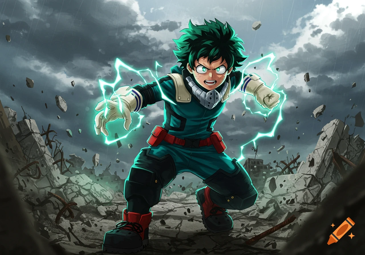 Anime hero Deku in his green suit, crackling with green lightning in a ruined city under a stormy sky.