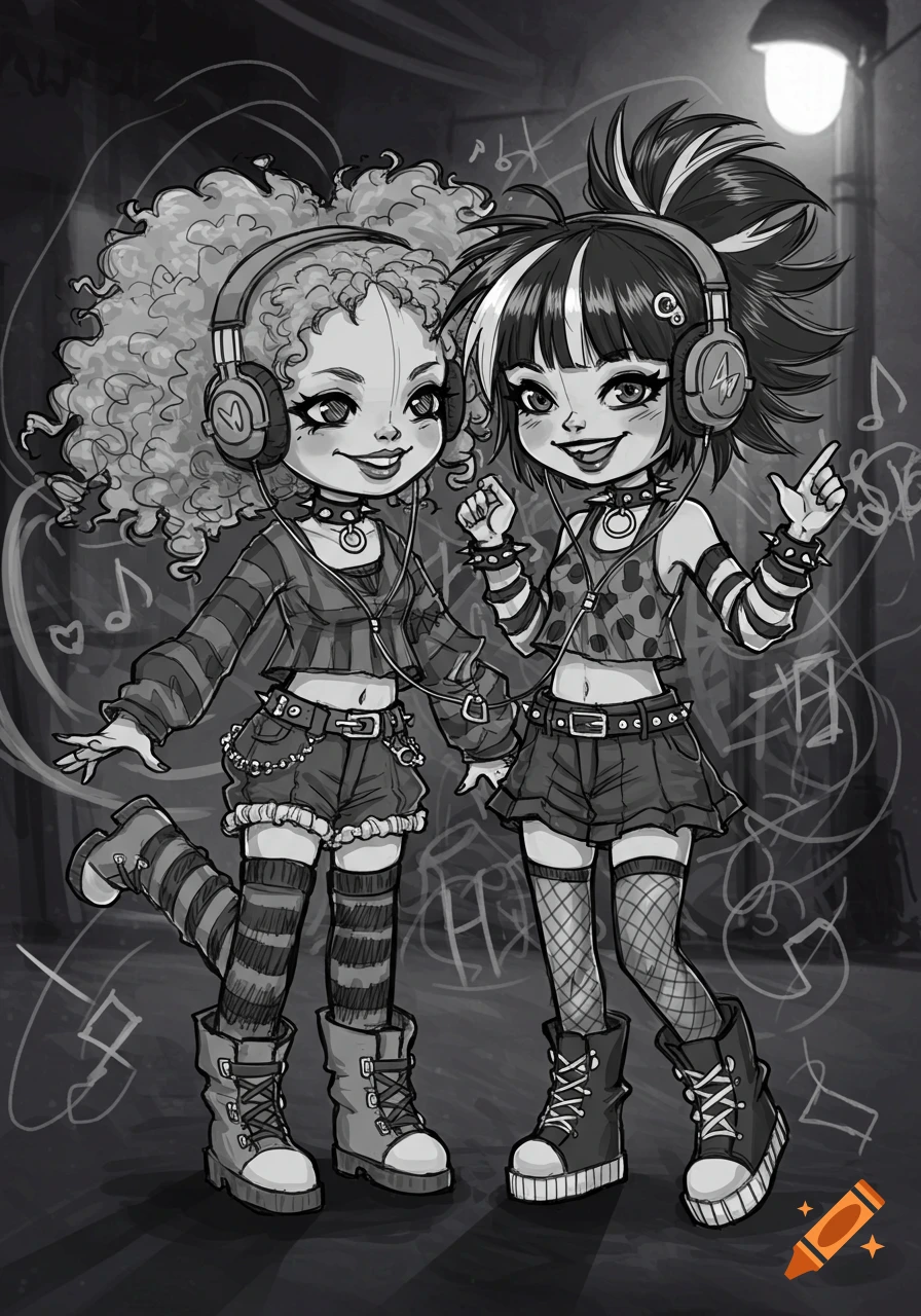 Monochromatic anime chibi drawing of two scene girls with headphones, dressed in edgy clothing, posing and listening to music.