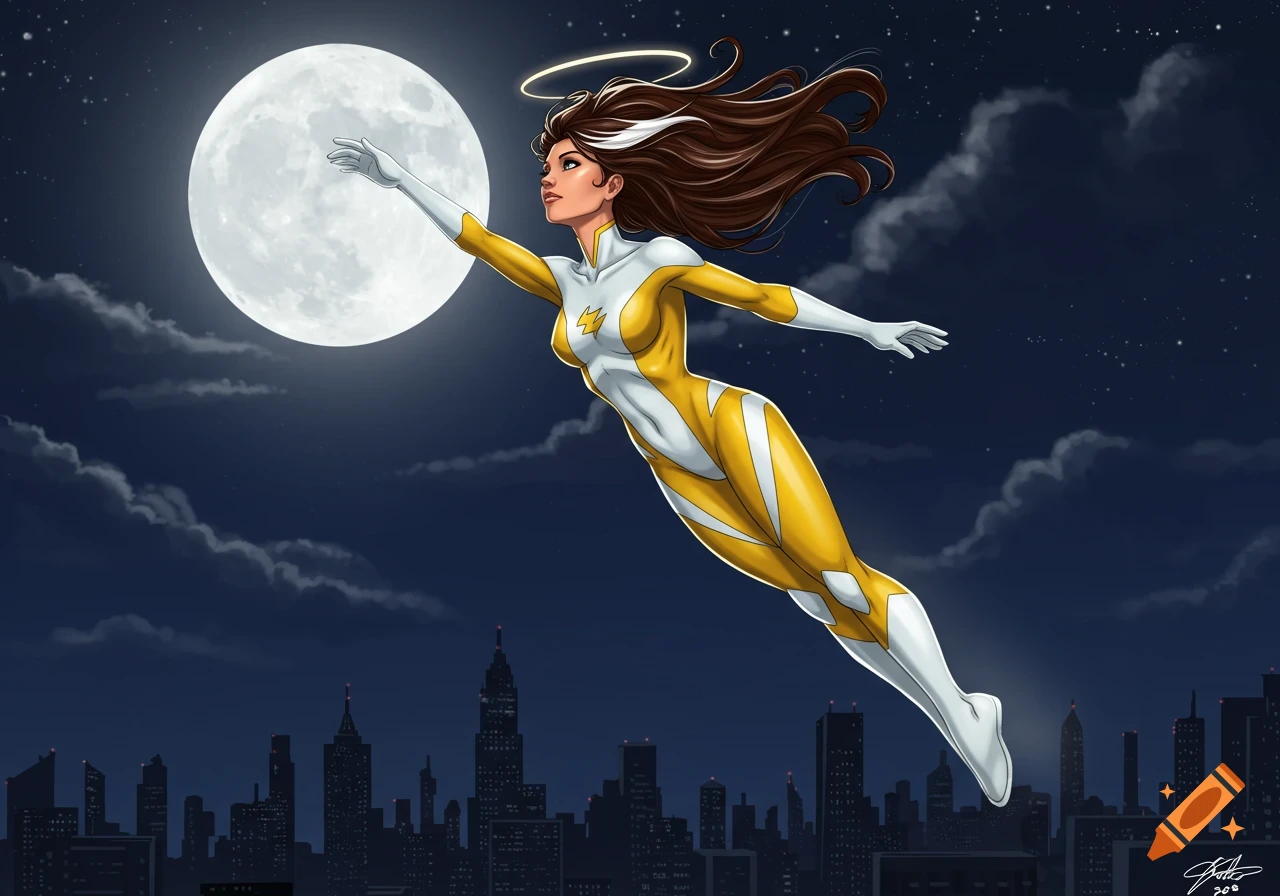 A female superhero with brown and white hair in a yellow and white suit flies over a city skyline at night under a full moon, in a comic art style.