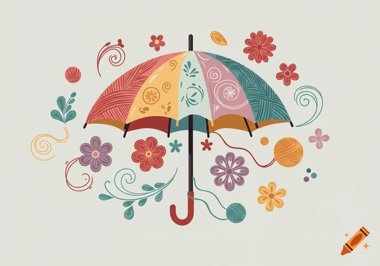 A colorful illustrated umbrella with panels patterned like knitting and crochet, surrounded by stylized flowers, yarn balls, and swirls.