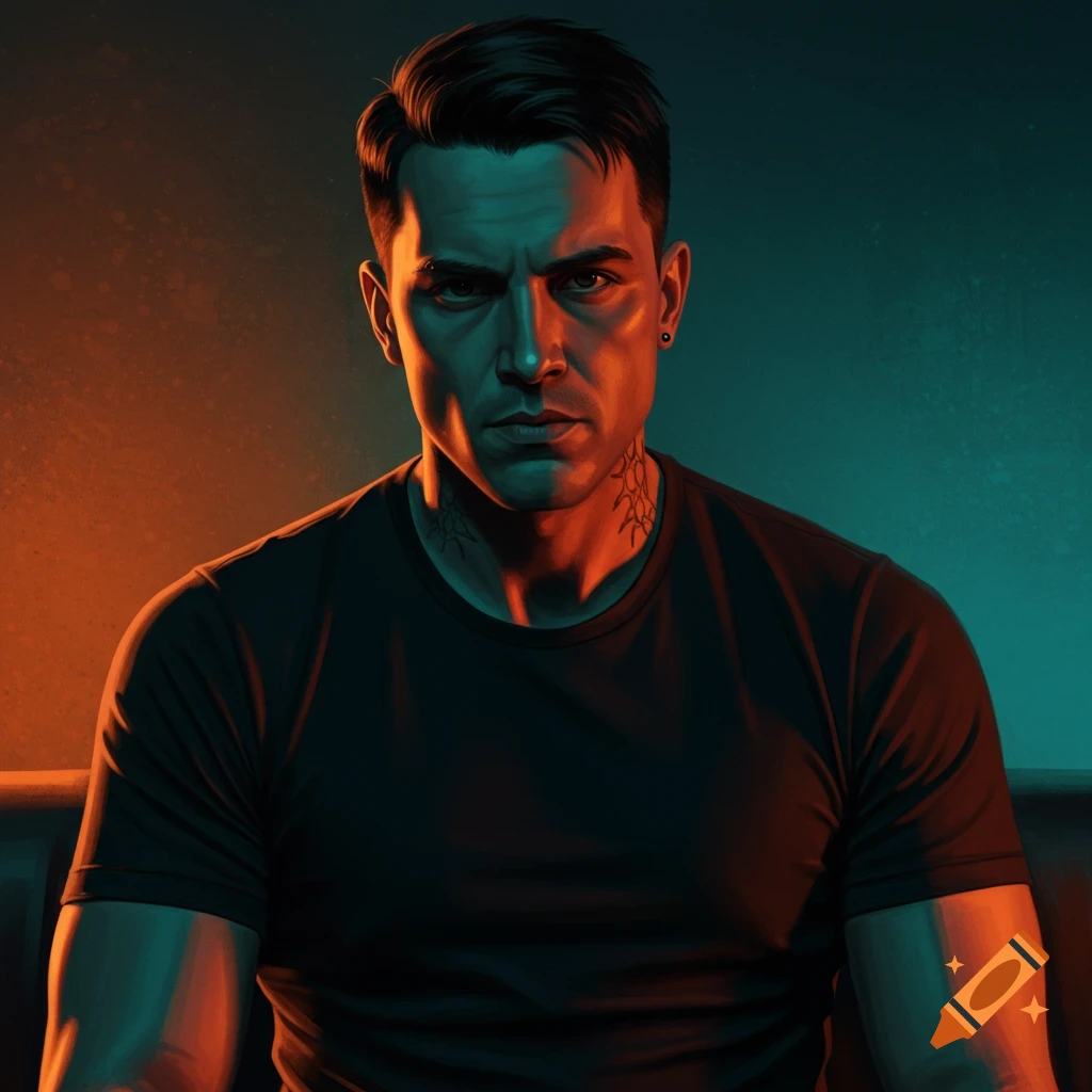 A stylized digital portrait of a man with dark hair, a neck tattoo, and an earring, lit by dramatic teal and orange light.