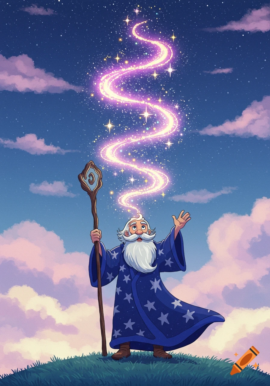 An animated wizard in a blue, star-patterned robe holds a staff, casting a sparkling pink and purple spell into a starry, cloudy night sky from a grassy hill.