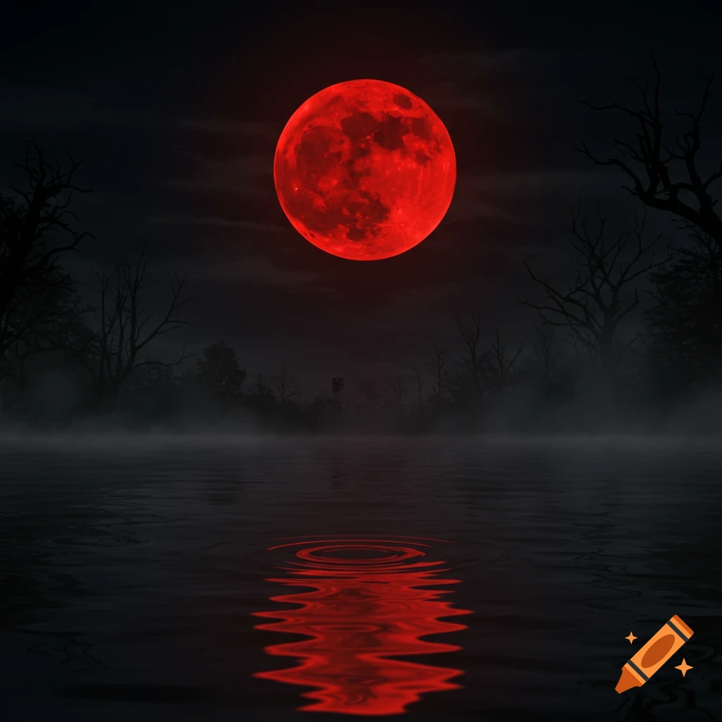 A dark, eerie night scene with a large, glowing red blood moon reflected in a still lake. Bare, dark trees line the misty horizon.