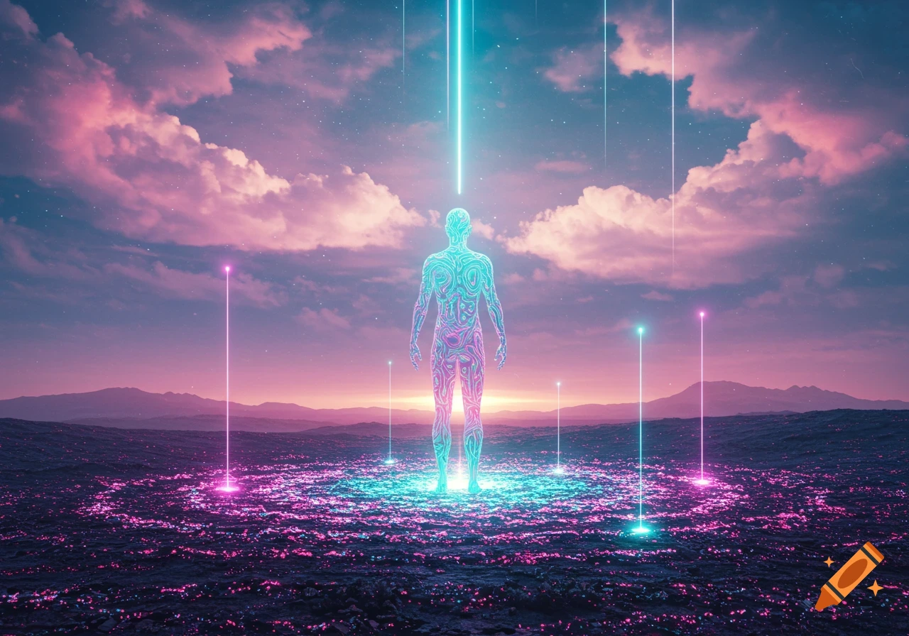 Glowing humanoid figure on a shimmering surface under a vibrant pink and blue sky with light beams, digital art.