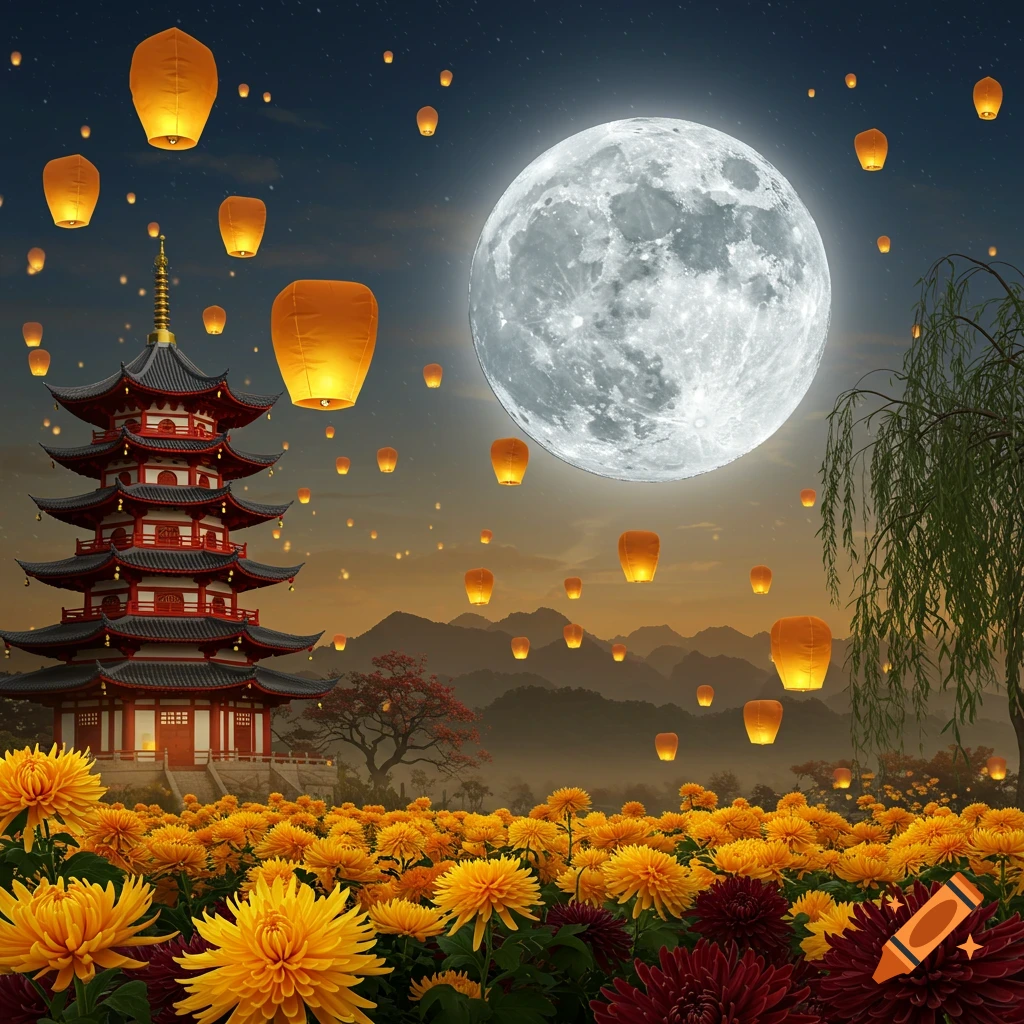 A beautiful Mid-Autumn Festival night with a pagoda, large full moon, glowing lanterns, and a field of yellow and red chrysanthemums.