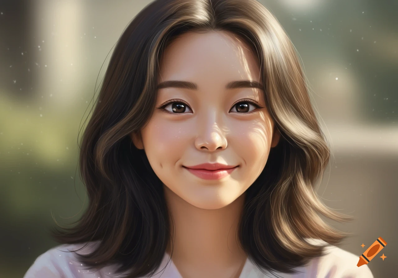 A close-up digital painting of a smiling young woman with dark hair and dimples, soft natural lighting.