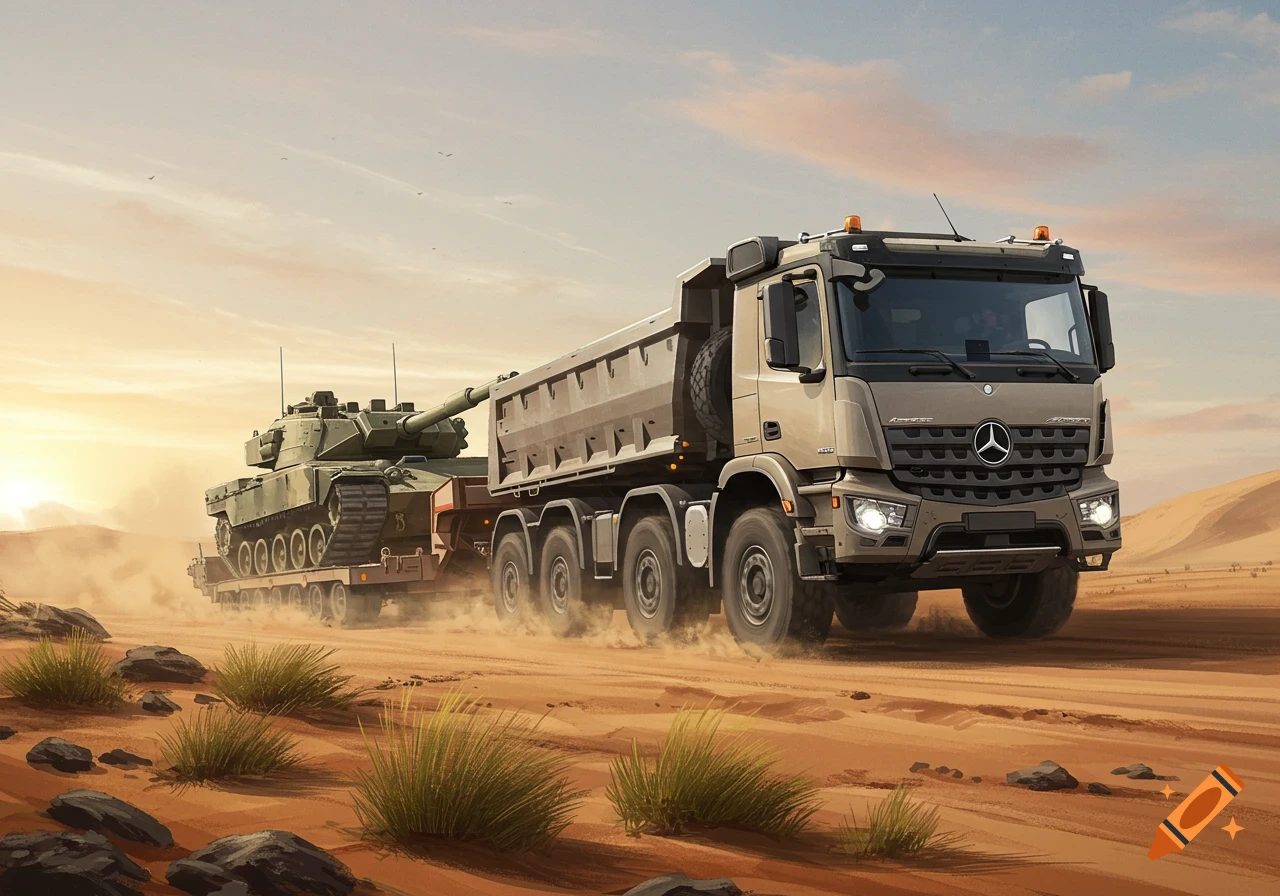 A Mercedes-Benz Arocs dump truck tows an army tank on a flatbed trailer through a dusty desert landscape at sunset.