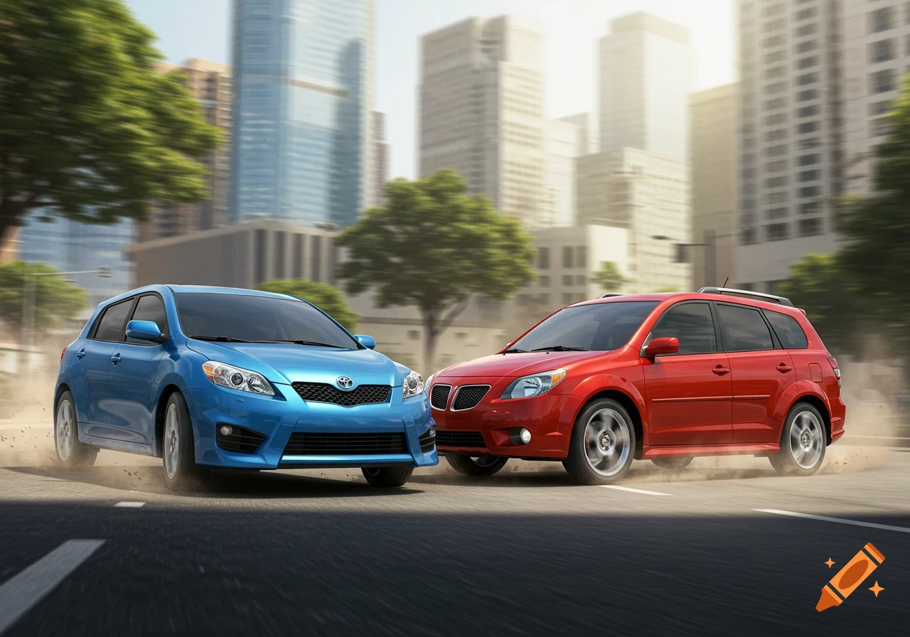 A blue Toyota Matrix and a red Pontiac Vibe on a city street, appearing to race, with buildings in the blurred background.
