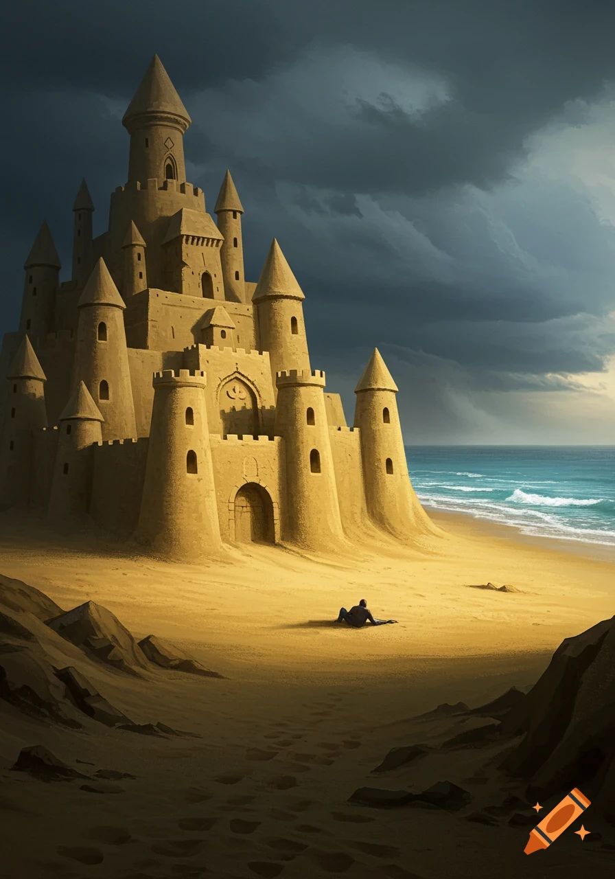 A massive, intricate sandcastle stands on a dark beach under a stormy sky, with a small figure lying in the sand and the ocean in the background.
