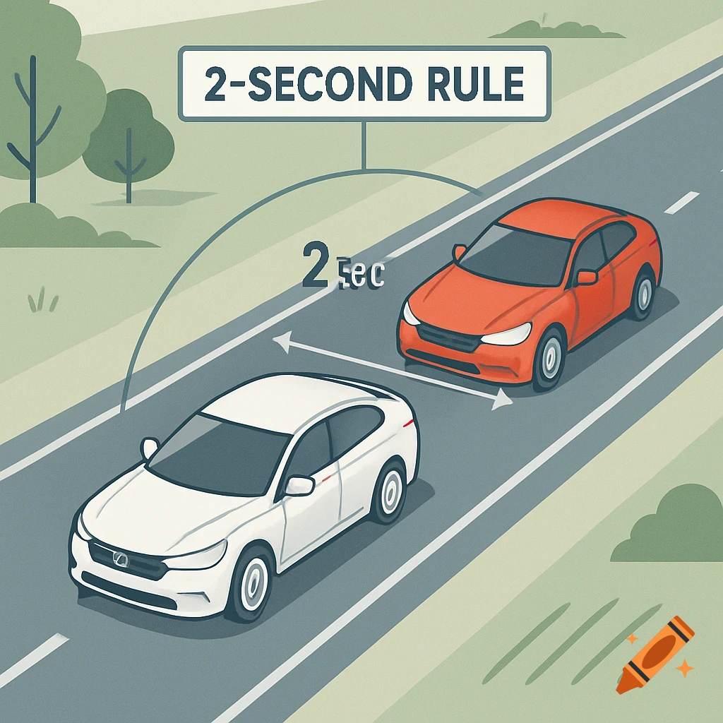 An infographic illustration shows two cars on a road demonstrating the 2-second rule for following distance.