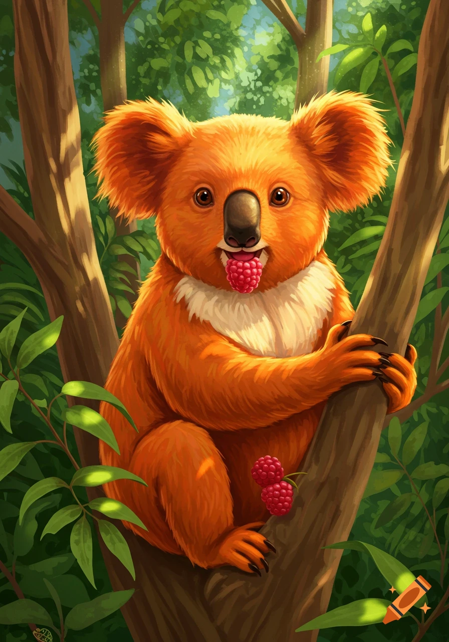 An orange koala with white chest fur eats a raspberry while sitting in a tree, with more raspberries and green leaves around it, in an illustration style.