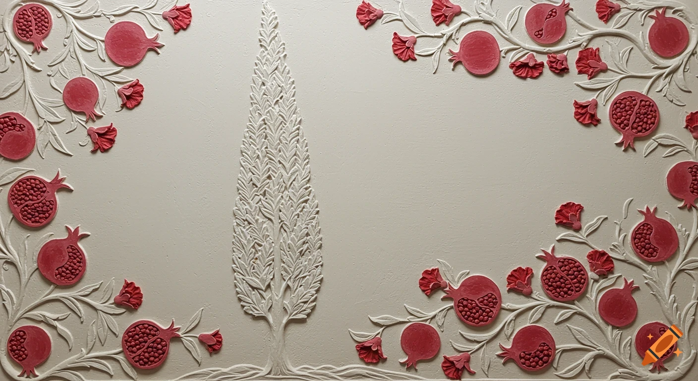 Decorative relief with a central white cypress tree surrounded by red pomegranates and flowers on light beige background.