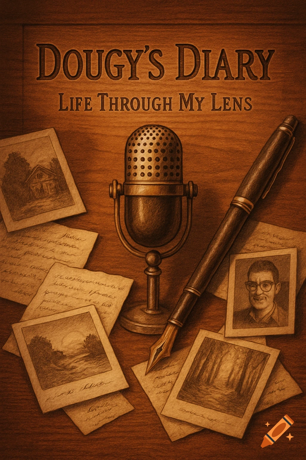 Vintage wooden podcast cover with a microphone, fountain pen, photos, and diary pages, titled 'Dougy's Diary - Life Through My Lens'.