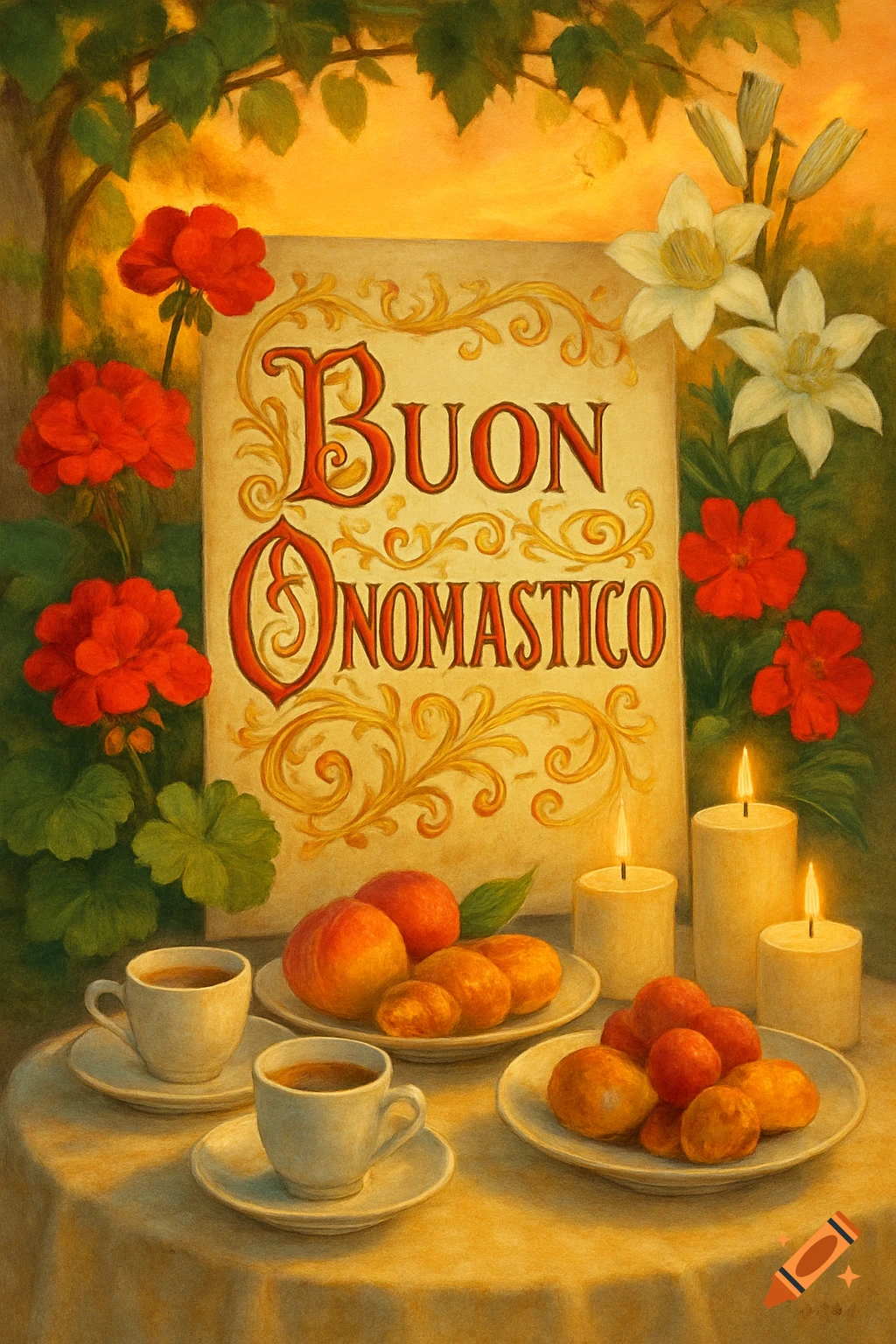 A painted still life card with 'Buon Onomastico' text, surrounded by red and white flowers, peaches, pastries, coffee cups, and candles on a table.