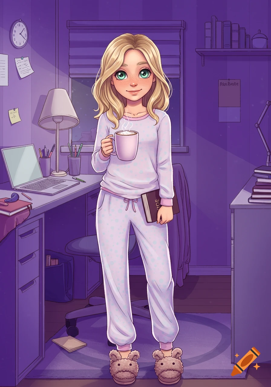A cartoon girl with blonde hair and green eyes in pink pajamas and fuzzy slippers holds a mug and a book in her purple bedroom.