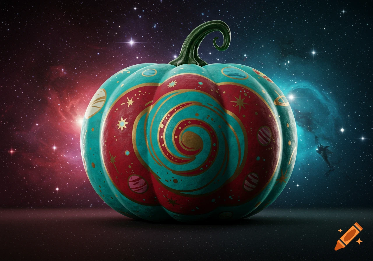 A vibrant teal and red pumpkin with gold cosmic patterns, set against a star-filled space background with nebulae.