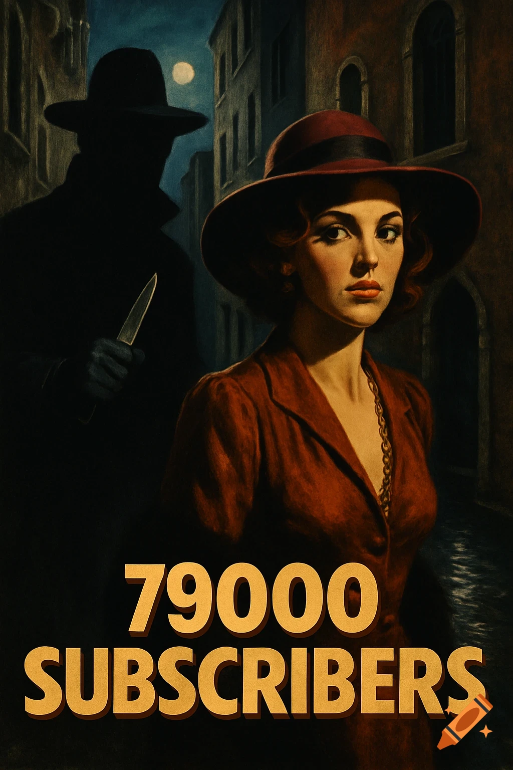 A vintage style film poster showing a woman in a red hat and coat, with a shadowy man holding a knife behind her in a dark alley. Text reads '79000 SUBSCRIBERS'.