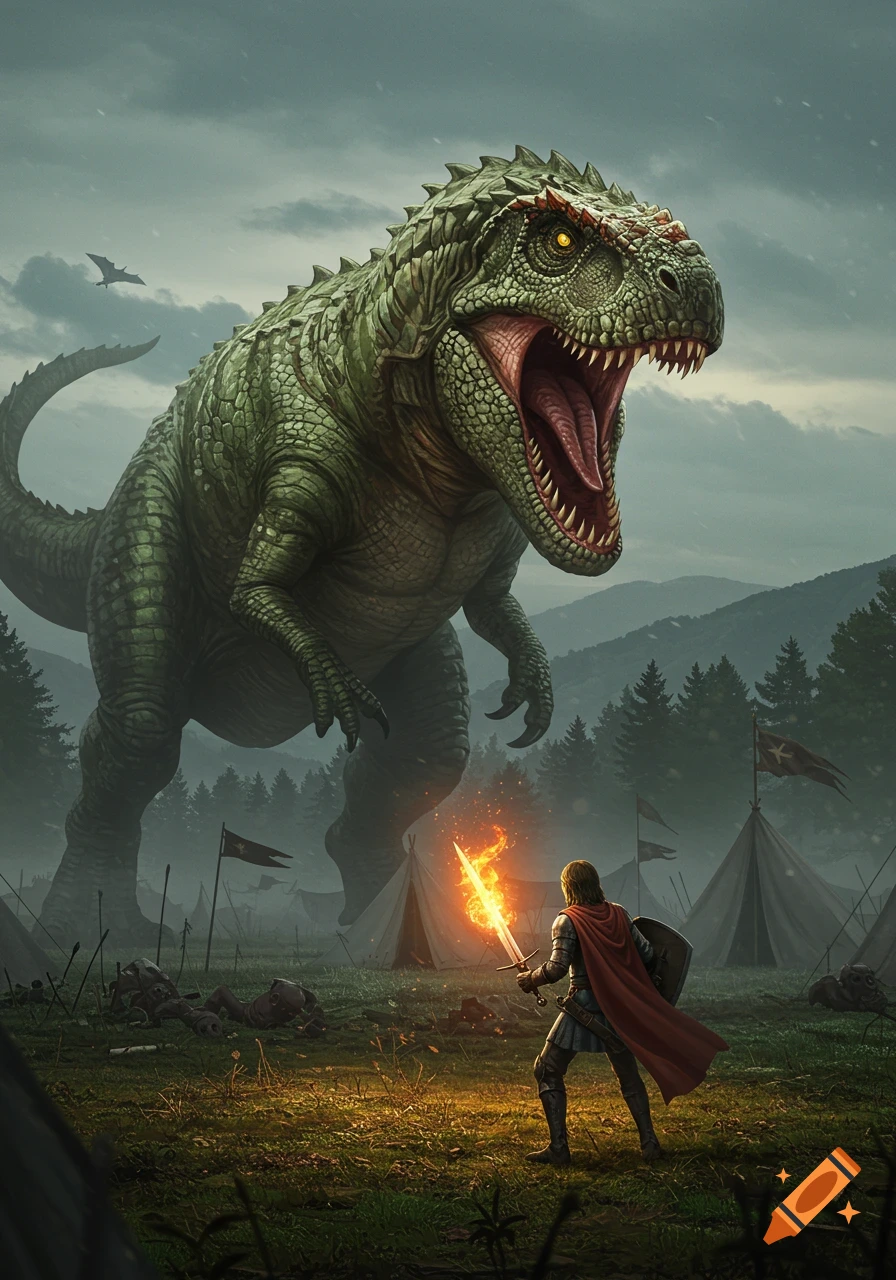 A knight with a flaming sword faces a giant roaring dinosaur on a cloudy battlefield with tents and forests.