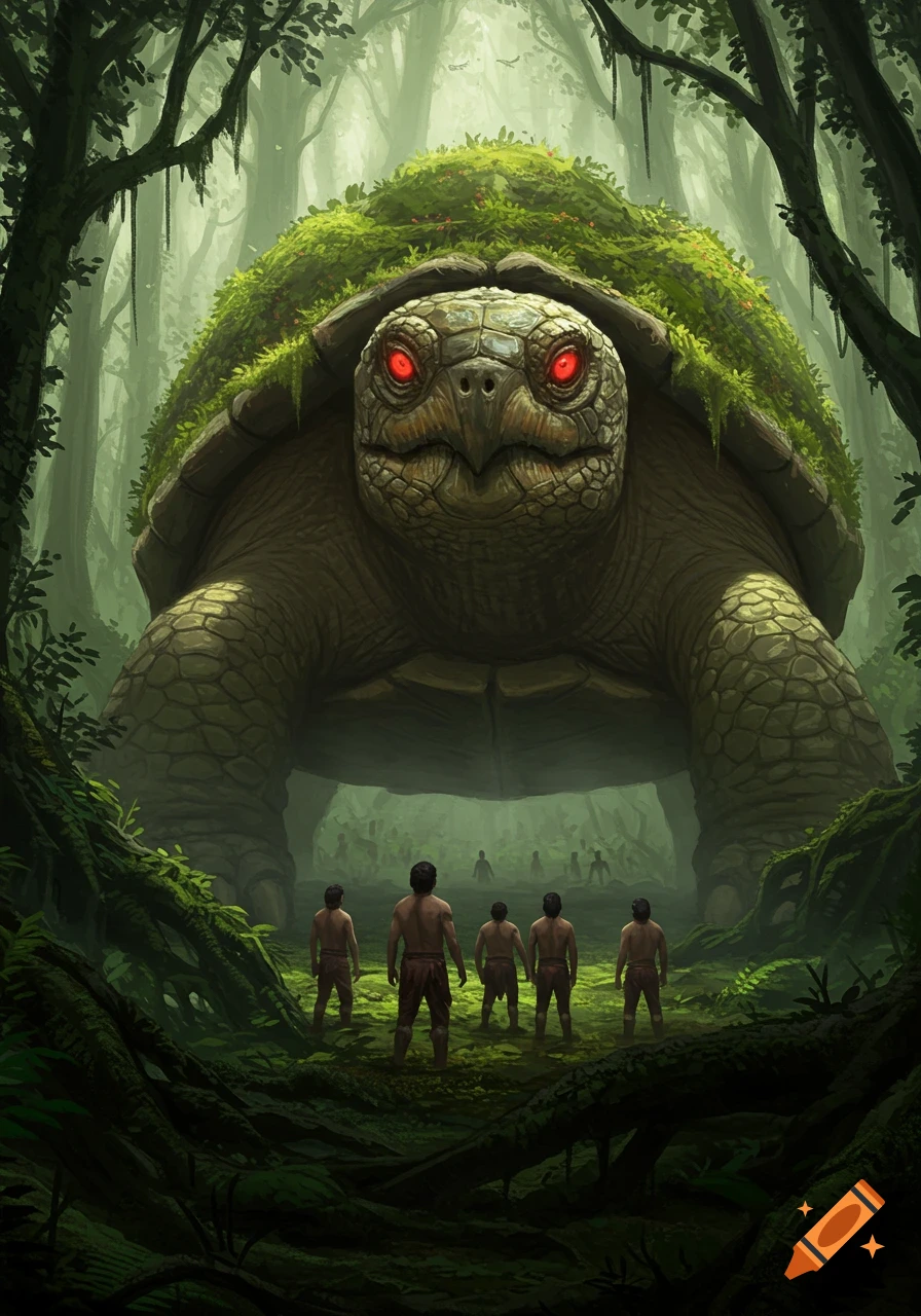 A giant moss-covered turtle with glowing red eyes confronts a group of men in a mystical, lush jungle.