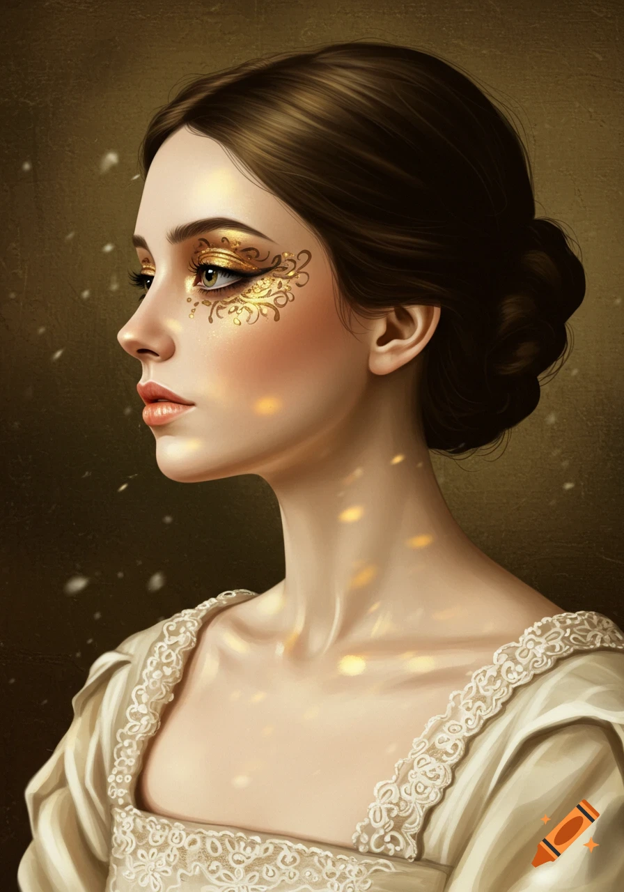 Profile of a woman with ornate golden eye makeup, dark hair, and a light dress, with golden light speckles.