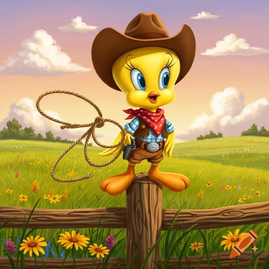 Tweety Bird dressed as a cowgirl in a hat, bandana, vest, and boots, holding a lasso and toy gun, standing on a fence post in a sunny field.