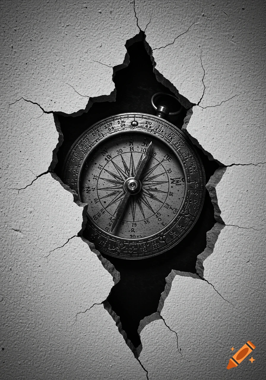 Photorealistic, high-contrast, black-and-white image of an old, detailed metal compass breaking through a crumbling, cracked plaster wall.