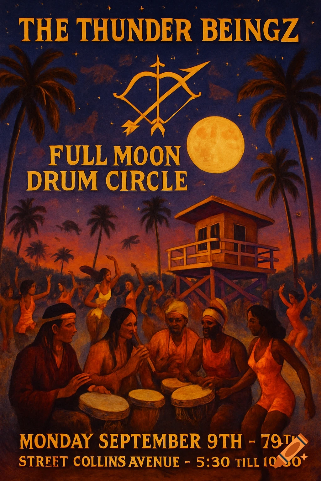 A vibrant beach festival at night under a full moon, with people playing drums and flutes, others dancing. Palm trees, a lifeguard stand, and event text are visible, in a painterly style.