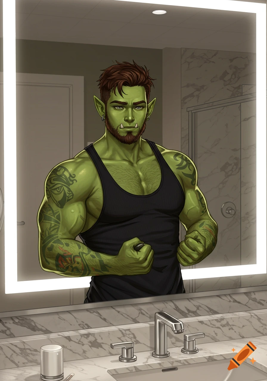 Muscular green-skinned half-orc man with tattoos and beard, wearing a black tank top, flexing in a bathroom mirror.