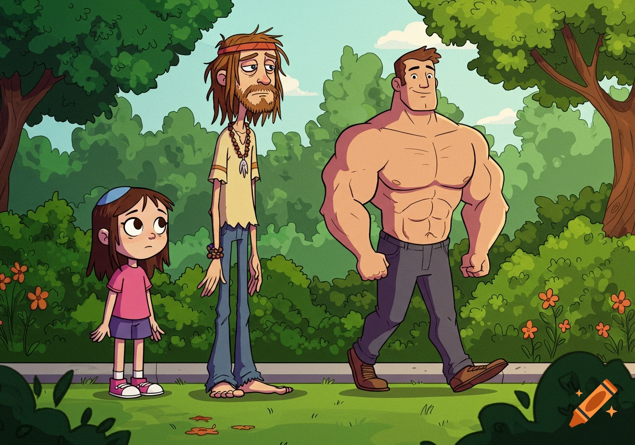 A cartoon scene with a sad skinny hippie, a curious girl, and a smiling muscular man walking in a sunny park.
