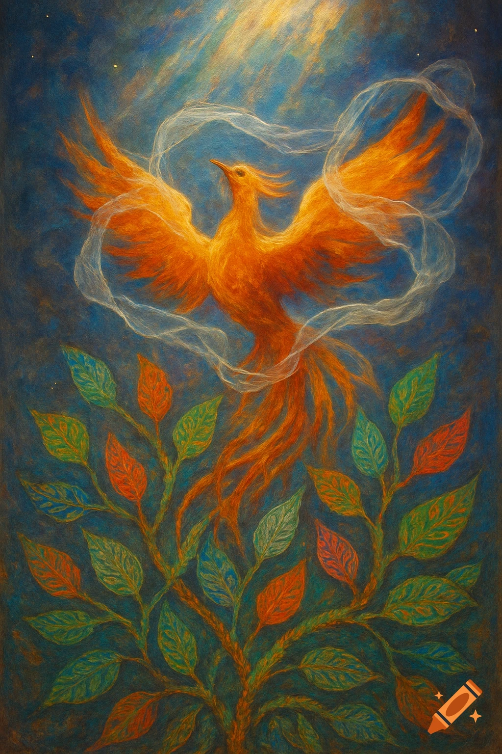 A vibrant orange phoenix with outstretched wings rises from a plant with colorful leaves against a dark blue, ethereal sky, in a textured painting style.