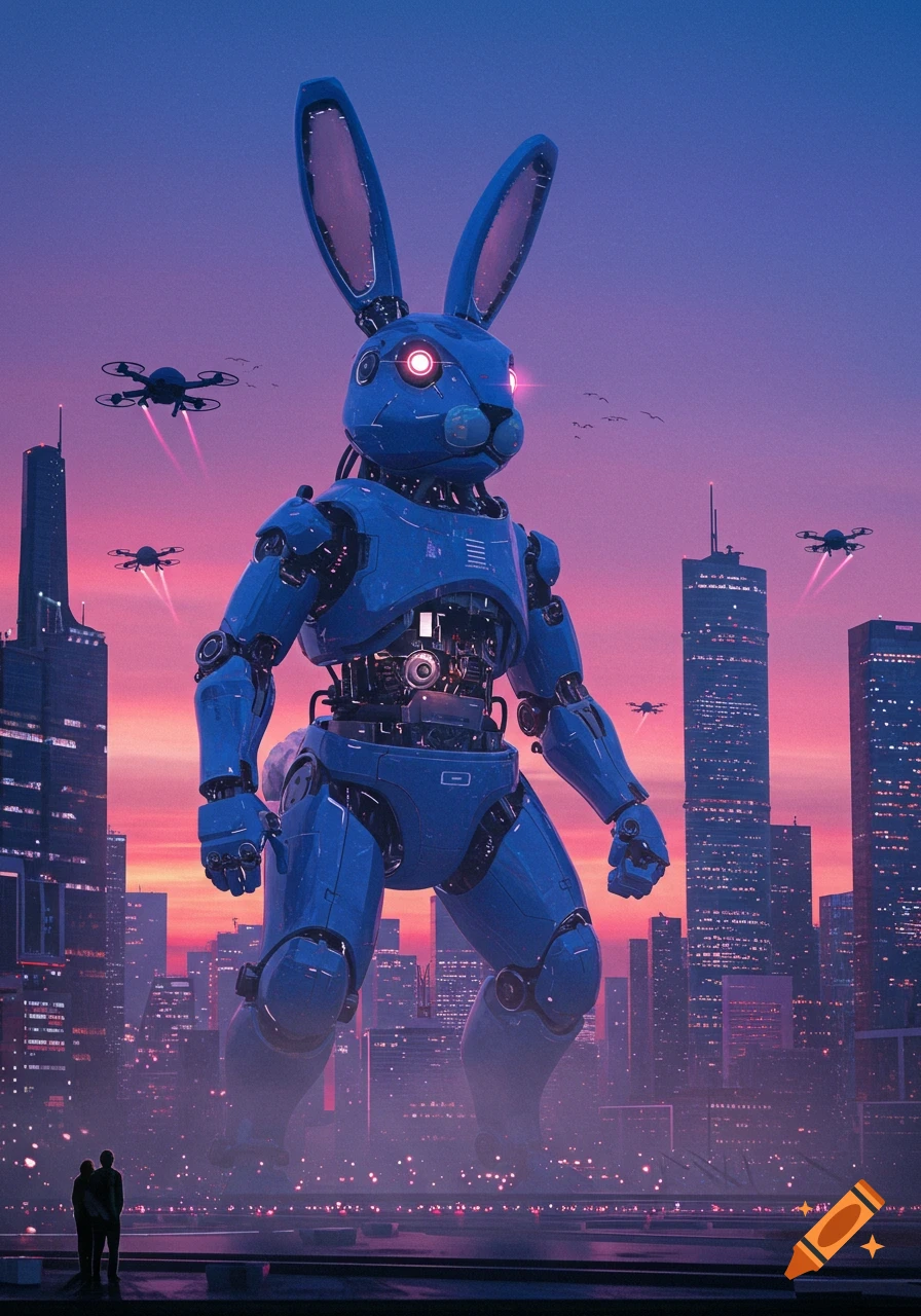 A giant blue robot rabbit with glowing red eyes towers over a futuristic city at sunset, with drones flying.