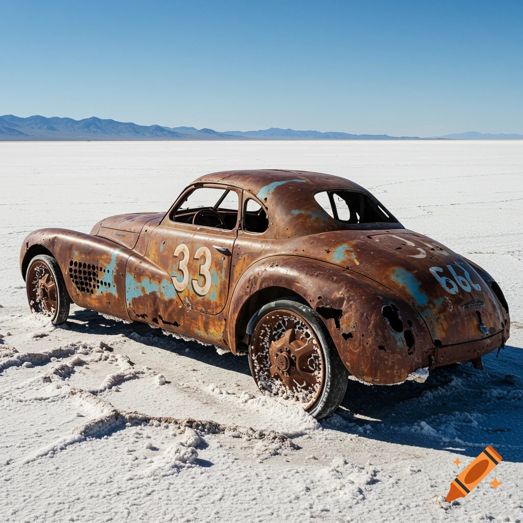 A heavily rusted, abandoned vintage race car with number 33 on its side, sitting on a vast white salt flat under a clear blue sky.